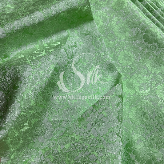 Green Mint Silk with Daisy Flowers - PURE MULBERRY SILK fabric by the yard -  Floral Silk -Luxury Silk - Natural silk