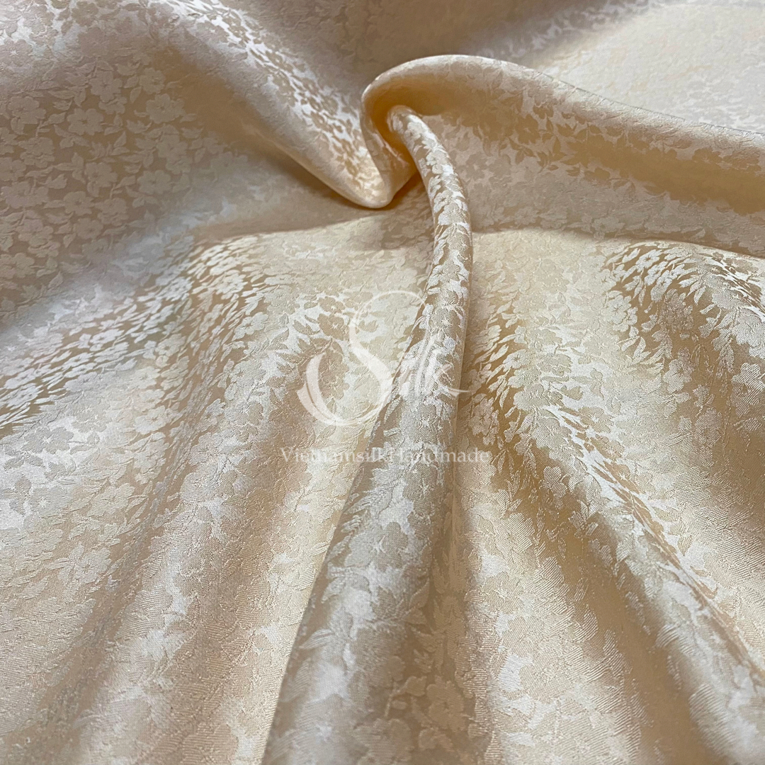 Premium Silk Fabric - Beige Floral Silk - HIGH-GRADE - 100% Mulberry Silk fabric by the yard - Luxury silk -  Natural silk - Organic Silk - Handmade in Vietnam