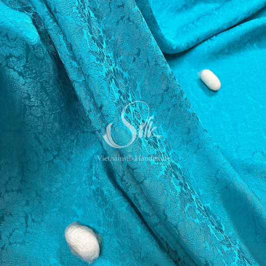 Premium Silk Fabric - Deep Sky Blue Floral Silk - HIGH-GRADE - 100% Mulberry Silk fabric by the yard - Luxury silk -  Natural silk - Organic Silk - Handmade in Vietnam