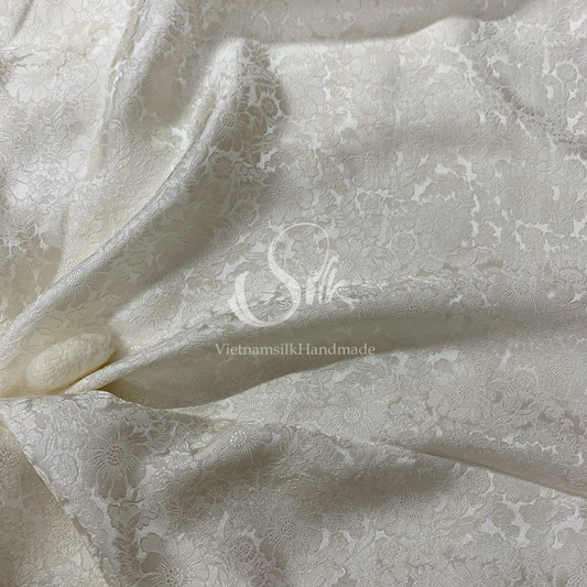 Premium Silk Fabric - White Floral Silk - HIGH-GRADE - 100% Mulberry Silk fabric by the yard - Luxury silk -  Natural silk - Organic Silk - Handmade in Vietnam