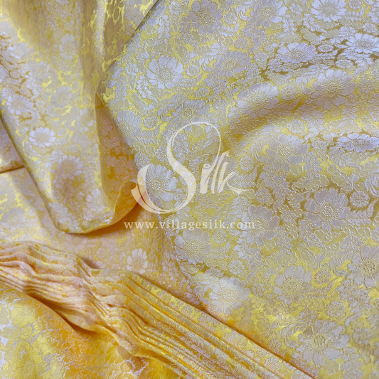 Yellow Silk with Daisy Flowers - PURE MULBERRY SILK fabric by the yard -  Floral Silk -Luxury Silk - Natural silk