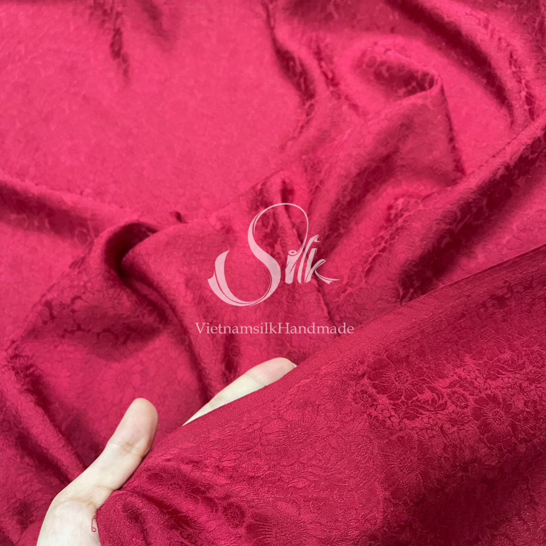 Premium Silk Fabric - Red Silk with Flowers - 100% PURE MULBERRY SILK fabric by the yard -  Floral Silk - Luxury Silk - Natural silk - Handmade in VietNam