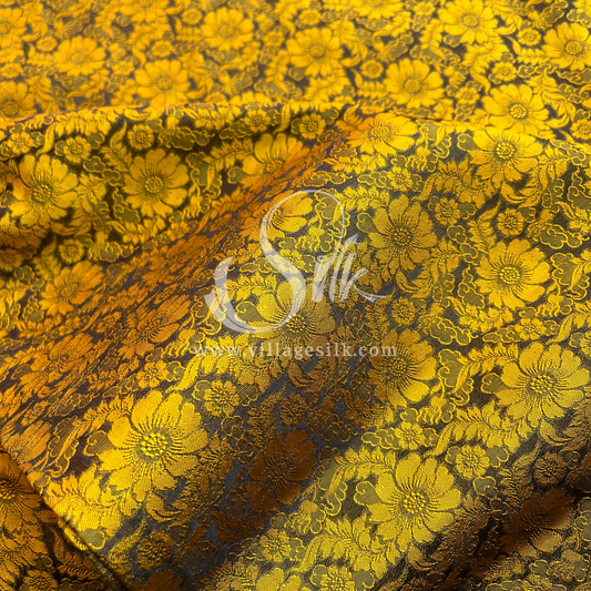 Black Silk with Yellow Daisy Flowers - PURE MULBERRY SILK fabric by the yard -  Floral Silk -Luxury Silk - Natural silk