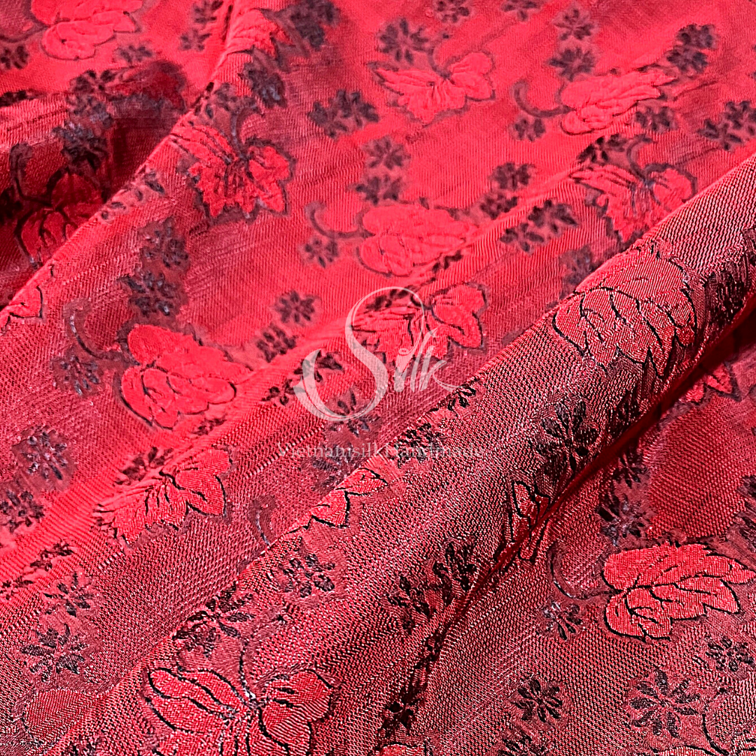 Red Silk with Black Mulberry leaves - PURE MULBERRY SILK fabric by the yard - Floral Silk -Luxury Silk - Natural silk - Handmade in VietNam