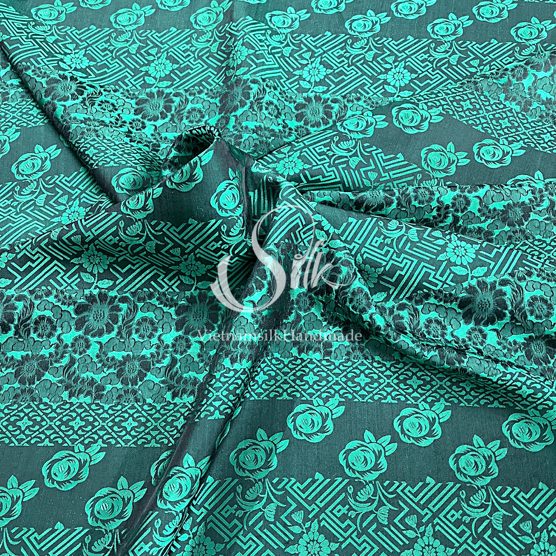 Green Silk with Mixed Flowers - PURE MULBERRY SILK fabric by the yard -  Floral Silk -Luxury Silk - Natural silk - Handmade in VietNam- Silk with Design