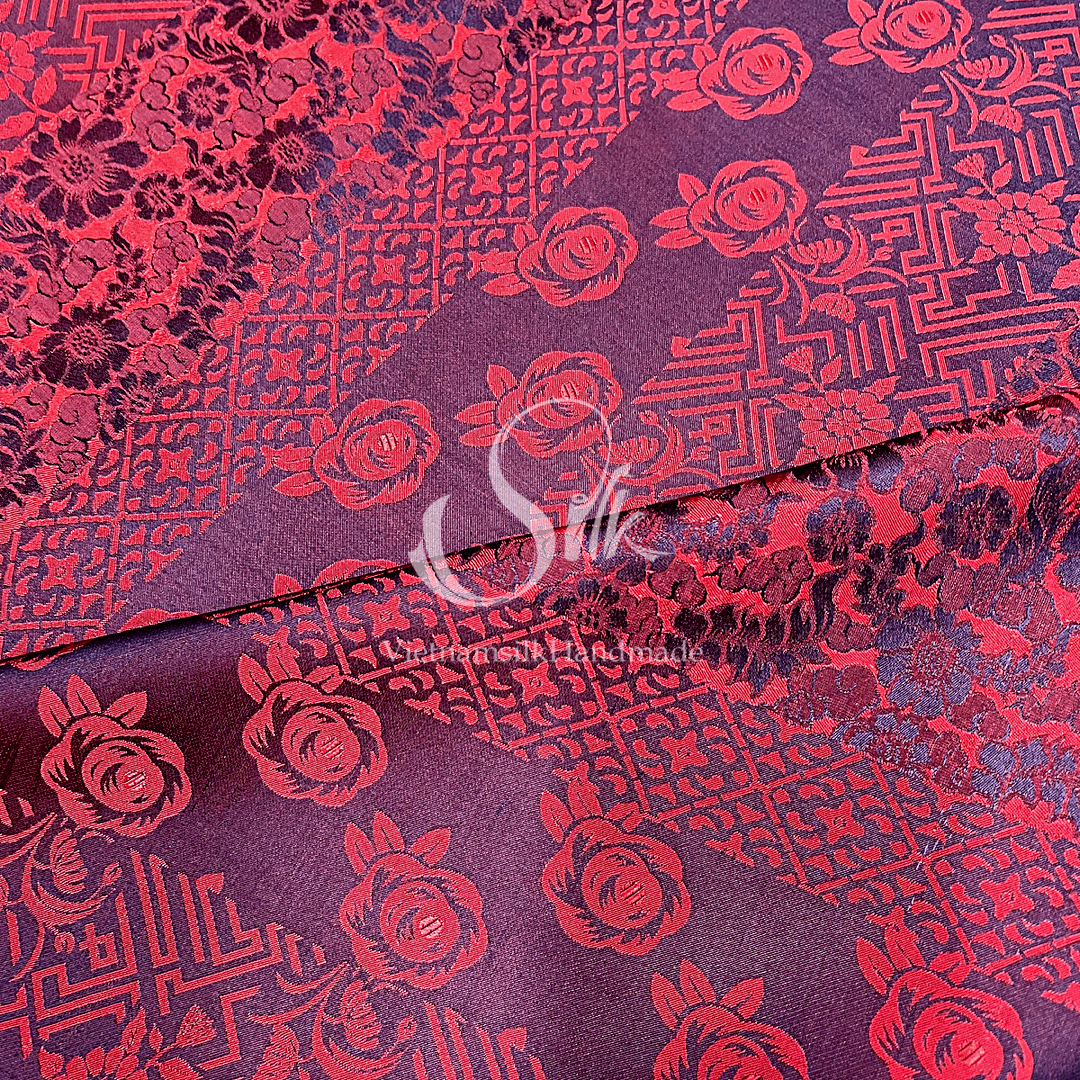 Red Silk with Mixed Flowers - PURE MULBERRY SILK fabric by the yard -  Floral Silk -Luxury Silk - Natural silk - Handmade in VietNam- Silk with Design