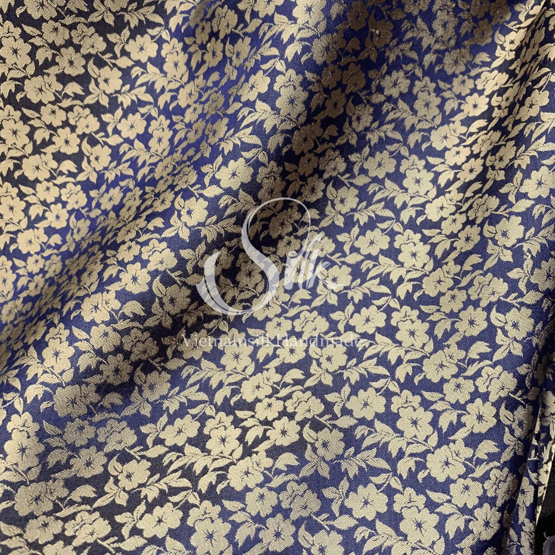 Navy Silk with Golden Flowers - Little Flowers design - PURE MULBERRY SILK fabric by the yard -  Floral Silk -Luxury Silk - Natural silk - Handmade in VietNam- Silk with Design