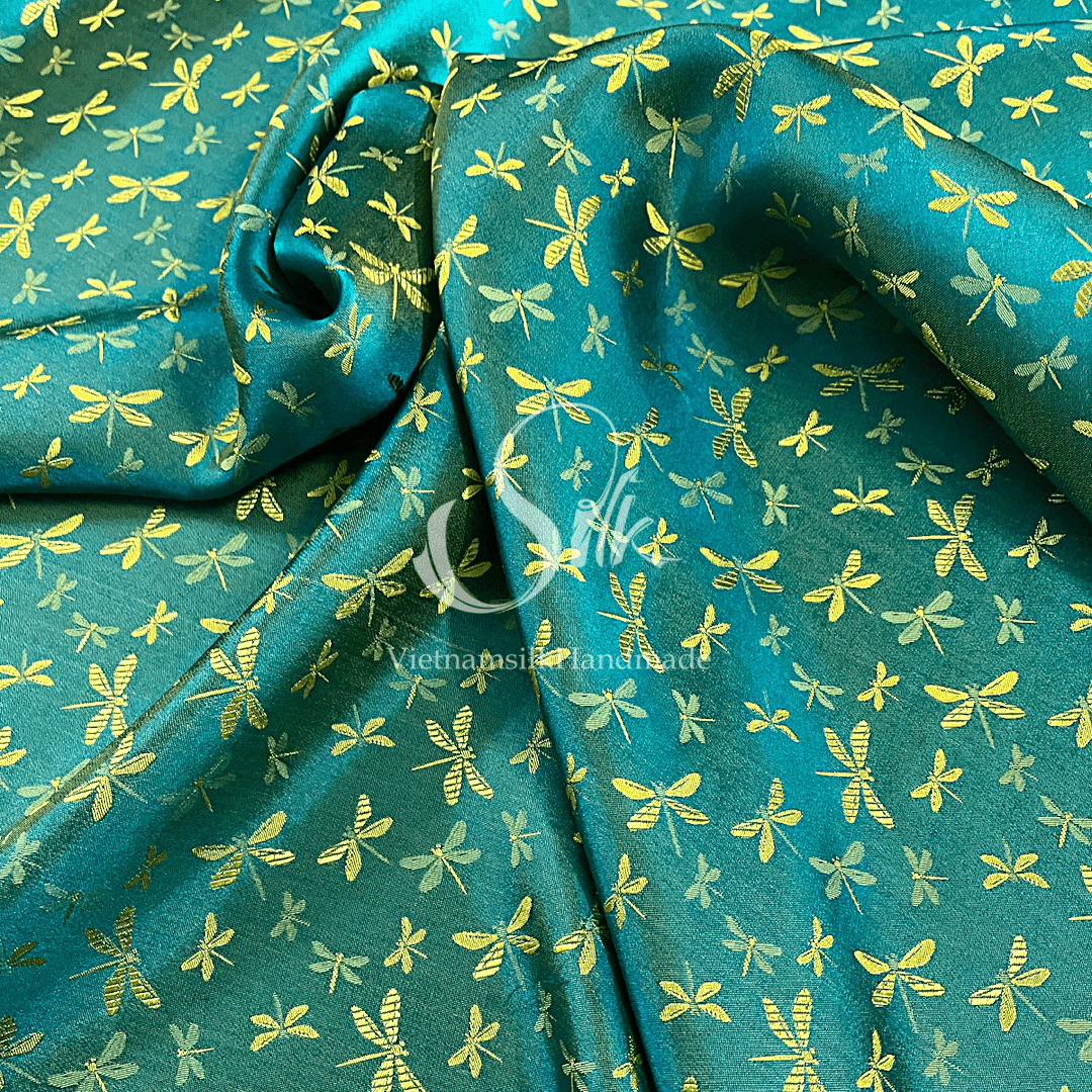 Green silk with Yellow Dragonfly patterns - PURE MULBERRY SILK fabric by the yard - Gragonfly silk -Luxury Silk - Natural silk - Handmade in VietNam- Silk with Design