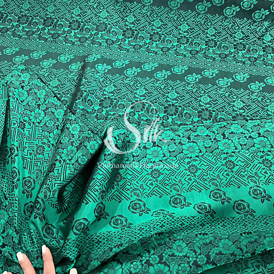 Green Silk with Mixed Flowers - PURE MULBERRY SILK fabric by the yard -  Floral Silk -Luxury Silk - Natural silk - Handmade in VietNam- Silk with Design