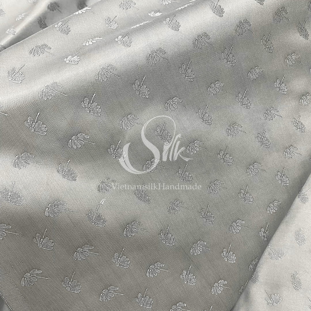 Light Gray Silk with Dandelion Flowers - PURE MULBERRY SILK fabric by the yard -  Floral Silk -Luxury Silk - Natural silk - Handmade in VietNam