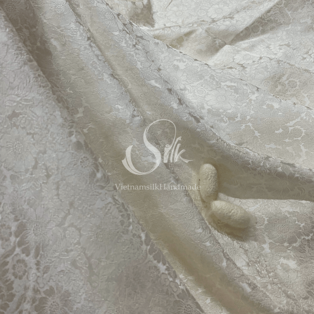 Premium Silk Fabric - White Floral Silk - HIGH-GRADE - 100% Mulberry Silk fabric by the yard - Luxury silk -  Natural silk - Organic Silk - Handmade in Vietnam