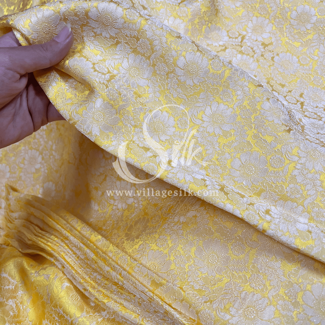 Yellow Silk with Daisy Flowers - PURE MULBERRY SILK fabric by the yard -  Floral Silk -Luxury Silk - Natural silk