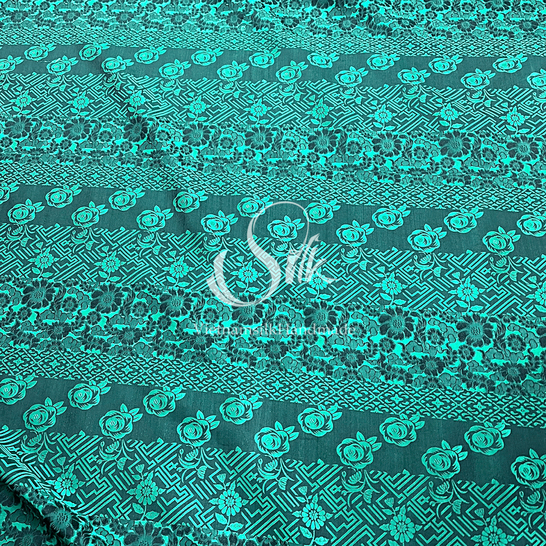 Green Silk with Mixed Flowers - PURE MULBERRY SILK fabric by the yard -  Floral Silk -Luxury Silk - Natural silk - Handmade in VietNam- Silk with Design