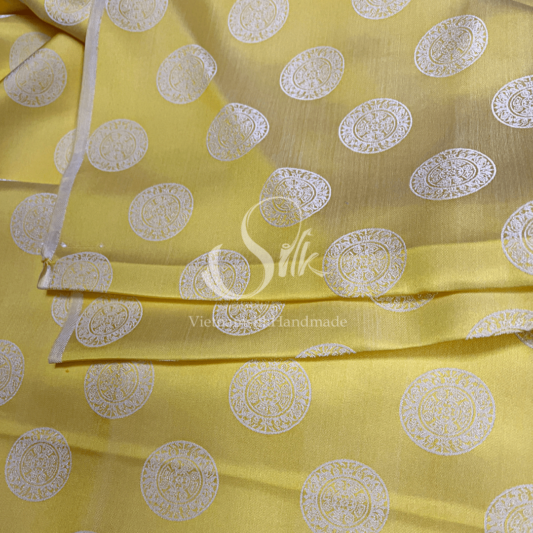 Yellow Silk with Coin patterns  - PURE MULBERRY SILK fabric by the yard -  Floral Silk -Luxury Silk - Natural silk - Handmade in VietNam- Silk with Design