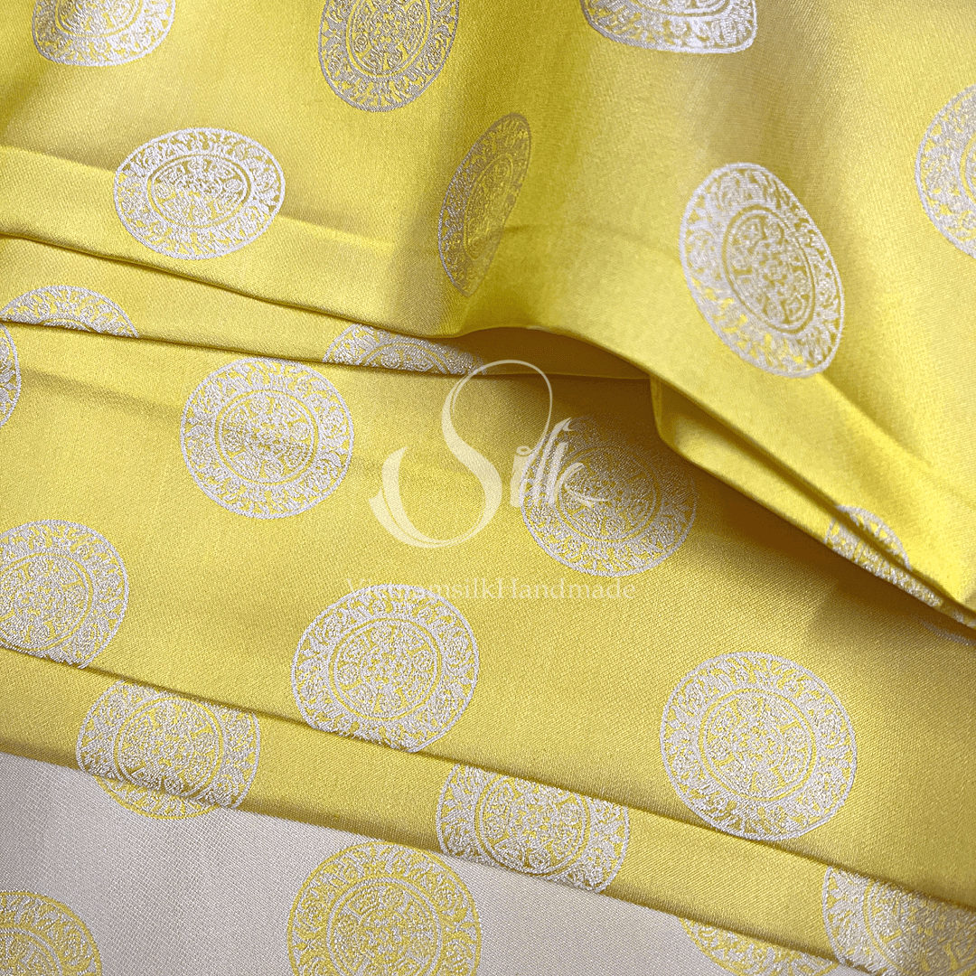 Yellow Silk with Coin patterns  - PURE MULBERRY SILK fabric by the yard -  Floral Silk -Luxury Silk - Natural silk - Handmade in VietNam- Silk with Design