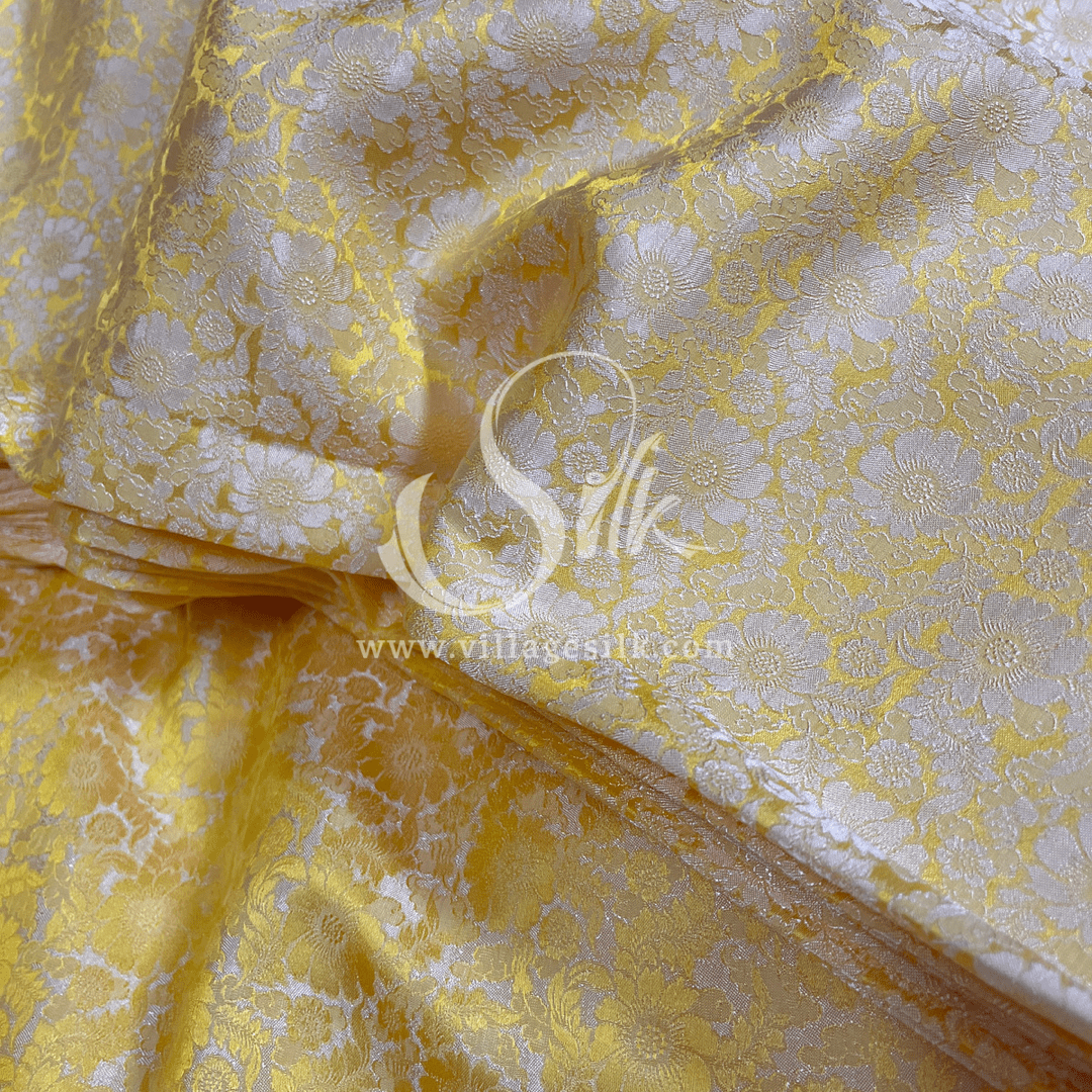 Yellow Silk with Daisy Flowers - PURE MULBERRY SILK fabric by the yard -  Floral Silk -Luxury Silk - Natural silk