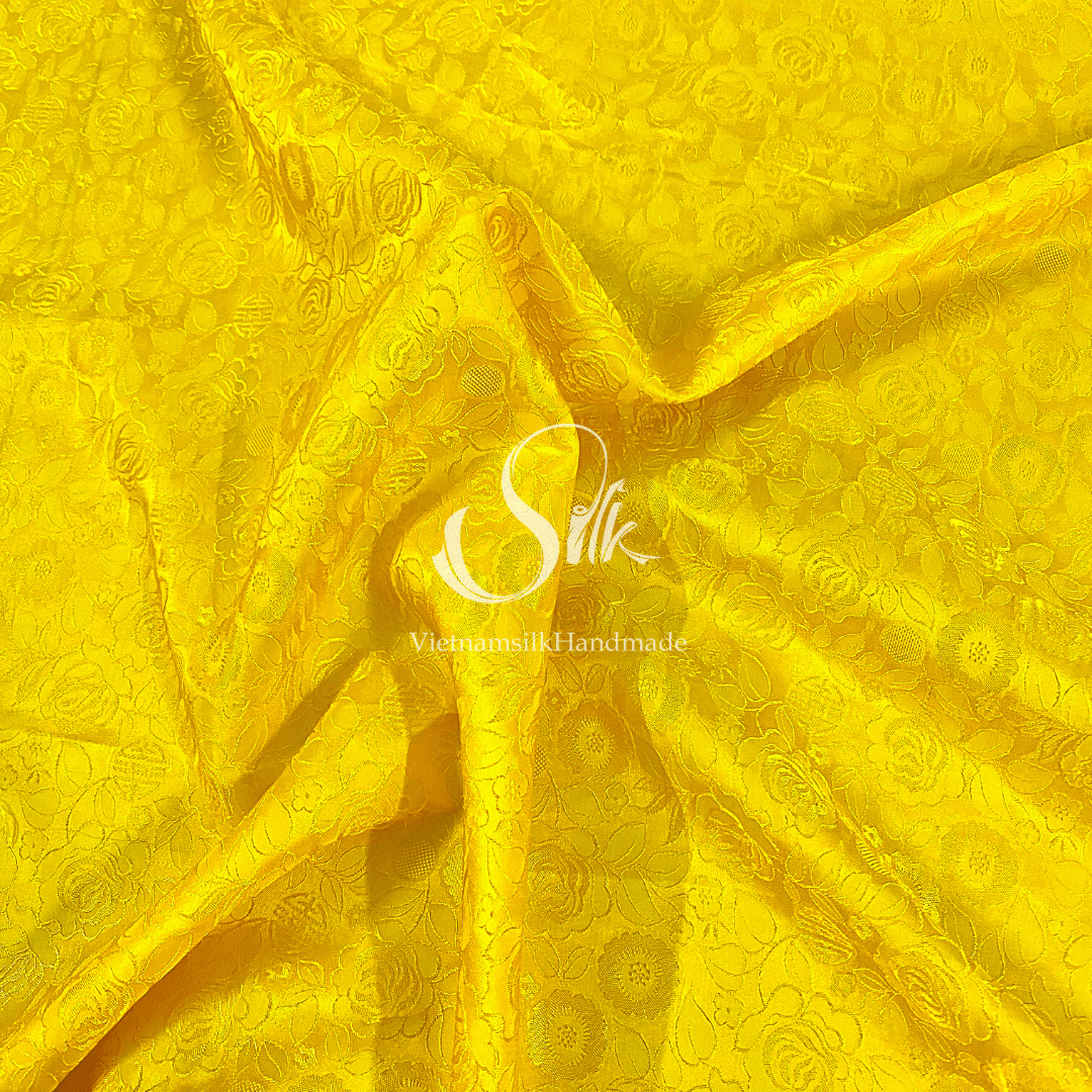 Yellow Silk with Rose Flowers - Rose Pattern - PURE MULBERRY SILK fabric by the yard -  Floral Silk - Rose Silk -Luxury Silk - Natural silk - Handmade in VietNam- Silk with Design