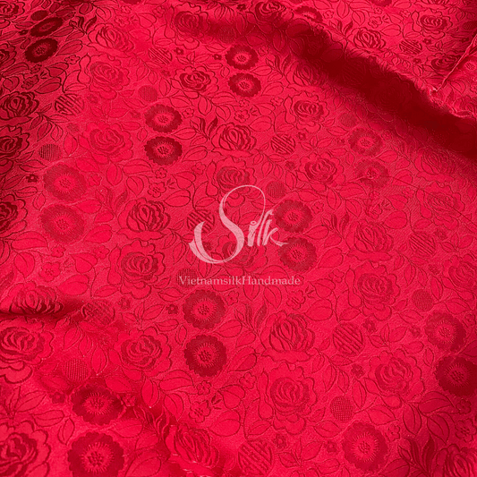 Red Silk with Rose Flowers - Rose Pattern - PURE MULBERRY SILK fabric by the yard -  Floral Silk - Rose Silk -Luxury Silk - Natural silk - Handmade in VietNam- Silk with Design